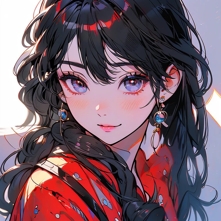 (Highest quality,Tabletop:1.3),(Anime Style,Comic Core:1.2), Upper Body,Adorable, Highly detailed eyes, Highly detailed face, Very fine hair, 8k, solve, Semi-realistic anime portraits, 1 Female, Purple Hair, Long Hair, Wavy Hair, Swept-apart bangs, Cute eyes, Juicy lips, Black modern lace crop top, Round earrings and rings, Beautiful face with makeup, Red eyeshadow, Doll-like face, Fake bright smile, Popular girls, Shadows fall over the eyes