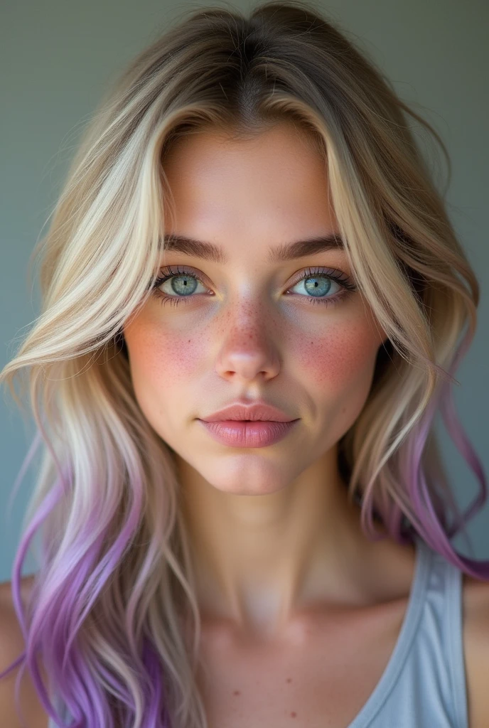 Photo realiste 1.2 : fille blonde avec des mèches violette au cheveux de 19 ans, yeux bleu nez fin avec piercing et sur les joues des taches de rousseur, mâchoire ronde, photo d'identité 