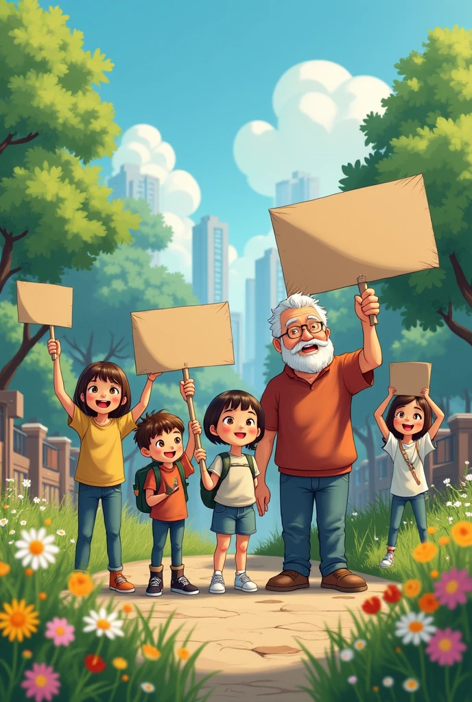 A seven-year-old girl, short hair without bangs and with chocolate hair color, 

a grandfather with a short beard and short white hair, without glasses.


A group of children, all seven, eight and nine years old.


everyone demonstrating in a city park, In their hands they carry banners, Banners shouting slogans about environmental protection and the importance of spring. The flowers, from his garden, They watched with joy