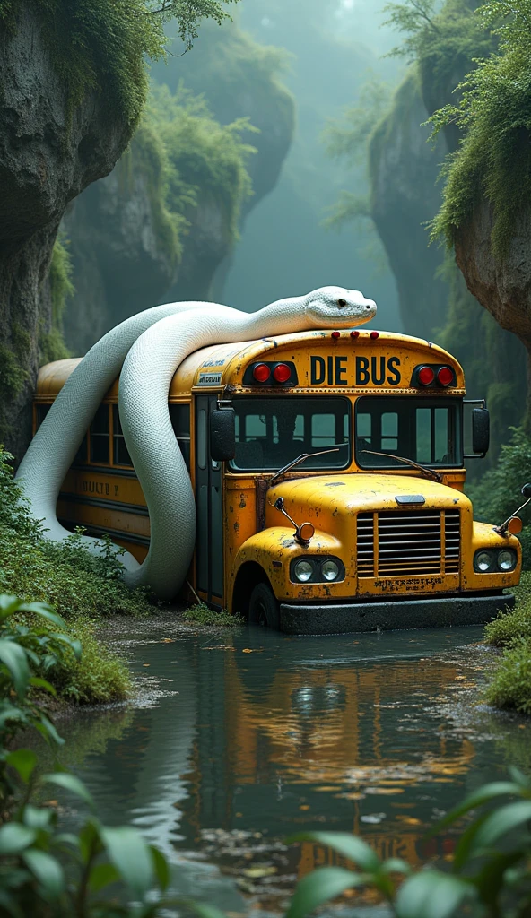 A rusty old school bus is partially submerged in lush greenery, with a large white python coiled around it. The bus, which features the words DIE BUS, is set against a backdrop of steep, moss-covered cliffs.