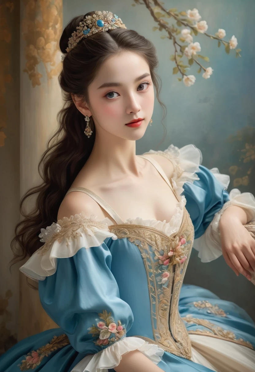 (High resolution,masterpiece:1.2),(actual:1.37)"(best quality, High resolution, Very detailed, actual),Beautiful portrait of a 19th century French ballet dancer, (She is of French and Japanese descent., she is a beautiful woman,deep blue eyes,High nose bridge:1.1), Beautiful ballet costumes, Detailed facial features, Slender and graceful neck, Long flowing hair, elegant posture, Soft and delicate lighting, oil painting medium, bright colors, Floral pattern as background"