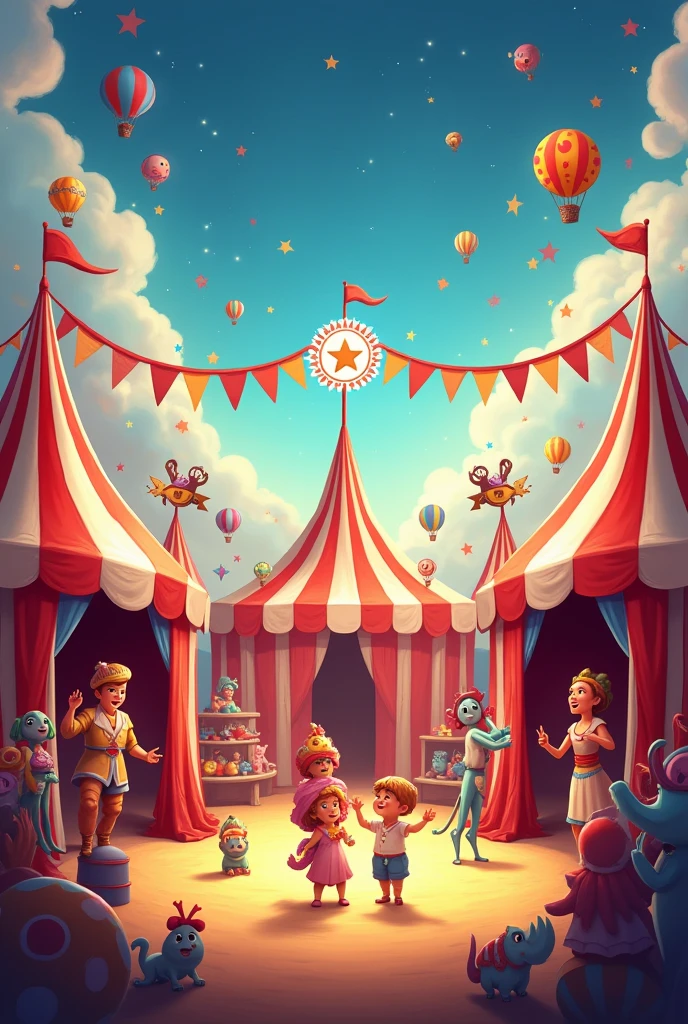 Create a picture for me, the background is a circus and in the center of the picture it says in big letters mahzor sa That the sentence should be in one line and across