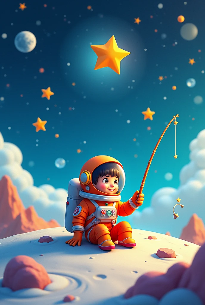A high quality image of a brightly colored animated astronaut sitting on a moon fishing for stars in the sky , with a sky background