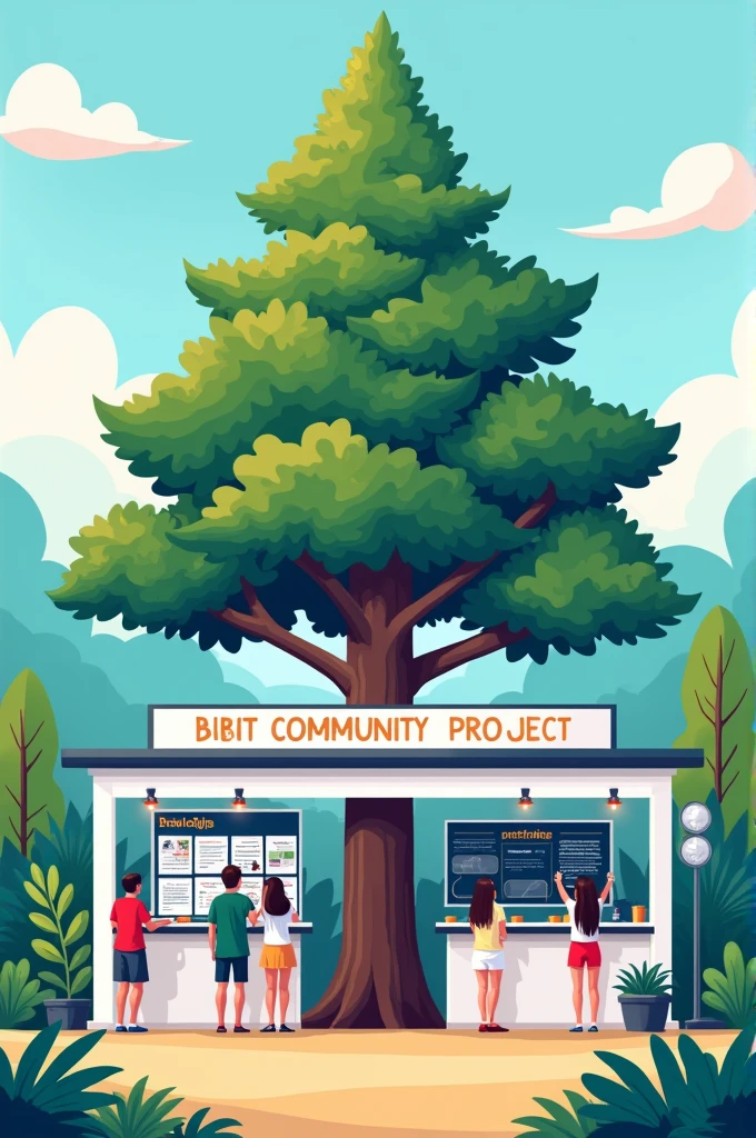 Stand of a youth project with a pine tree in the colors, Unripe, white and navy blue