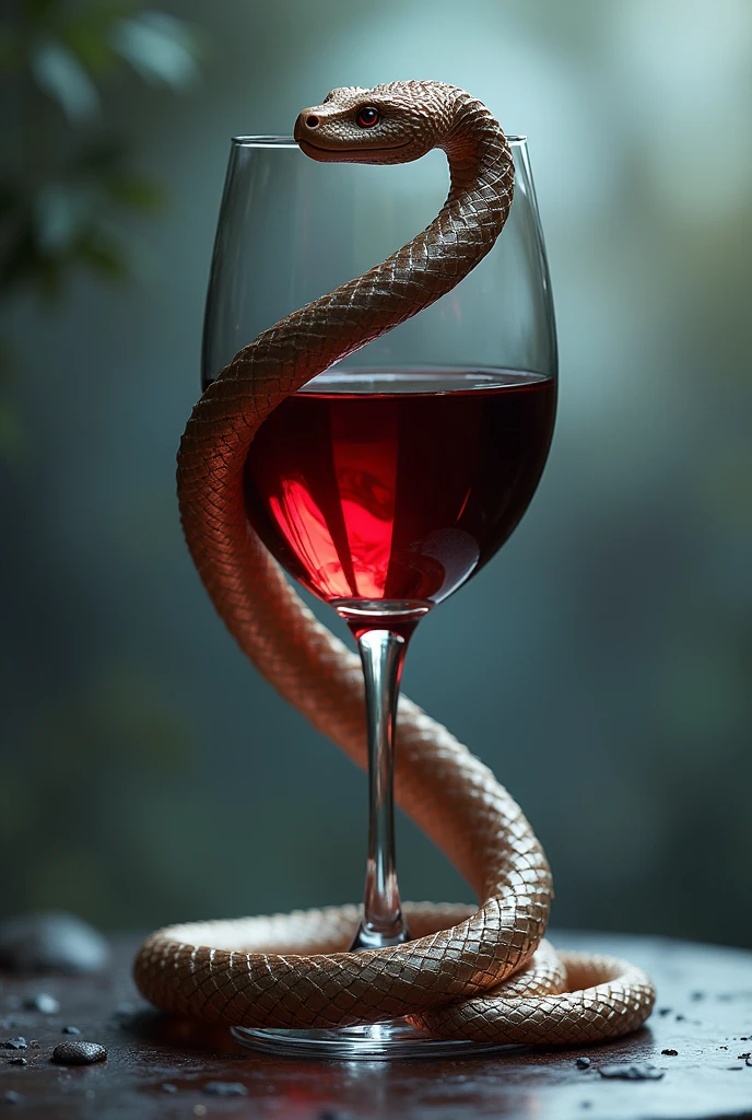 A SNAKE COILED AROUND A WINE GLASS WITH WINE INSIDE