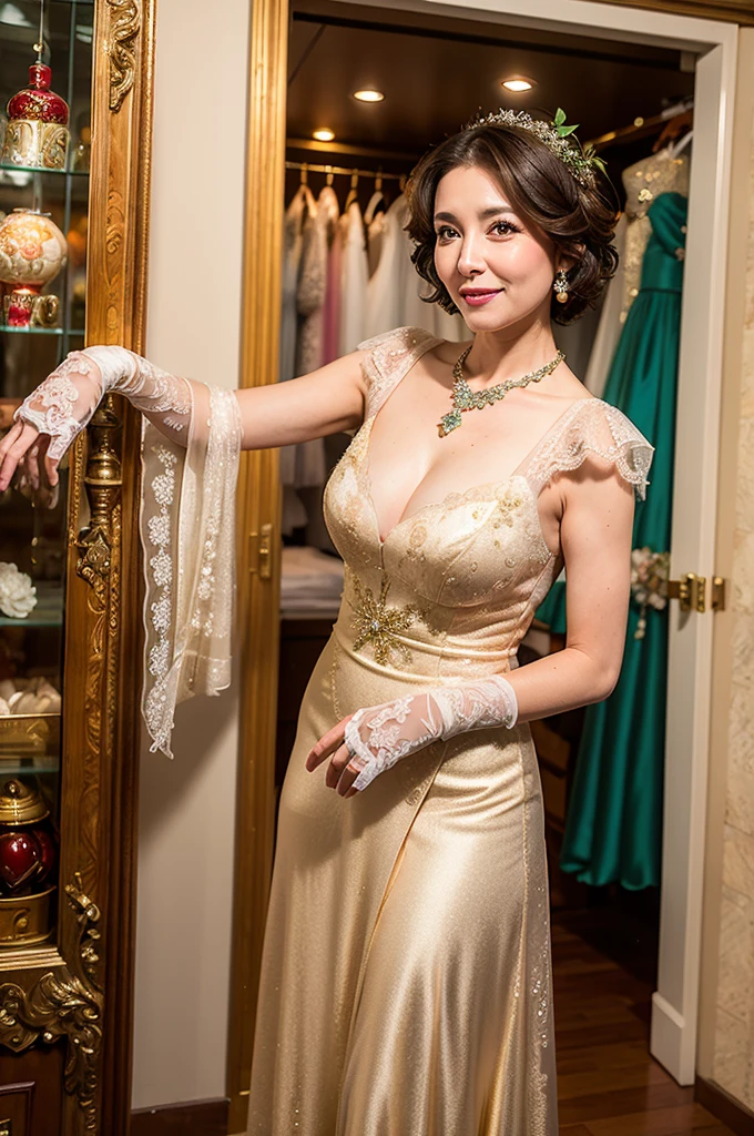 ((Masterpiece)), ((Best Quality)), A middle-aged short-hair woman, ((She is wearing an ornamental very short length wedding dress)), She is wearing gloves on her hands., outdoor, She is wearing a big necklace, She is in an underwear store.