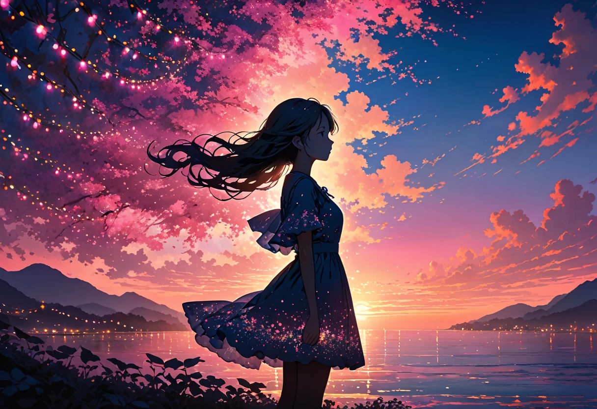 The image depicts a silhouette of a girl standing against a stunning sunset background. The sky transitions from a deep pink near the horizon to a deep blue as it ascends. The figure appears to be enveloped in a series of tiny glowing fairy lights, some of which are illuminated, creating a stunning and captivating contrast to the dark silhouette. The figure appears to be holding out one arm, perhaps adjusting to or interacting with the lights. The overall mood of the image is peaceful and magical.
