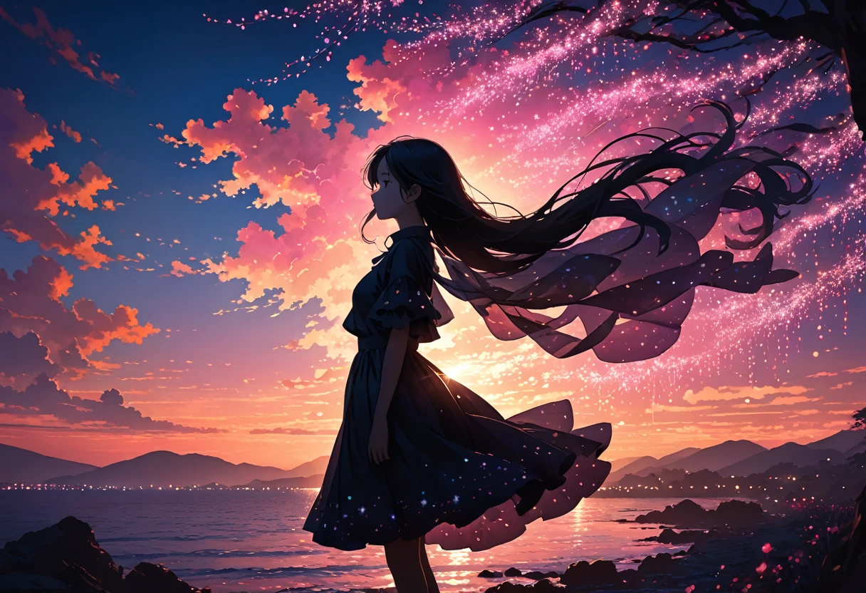 The image depicts a silhouette of a girl standing against a stunning sunset background. The sky transitions from a deep pink near the horizon to a deep blue as it ascends. The figure appears to be enveloped in a series of tiny glowing fairy lights, some of which are illuminated, creating a stunning and captivating contrast to the dark silhouette. The figure appears to be holding out one arm, perhaps adjusting to or interacting with the lights. The overall mood of the image is peaceful and magical.
