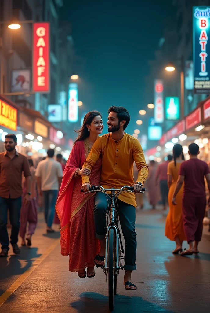 Bike with indian couples at night in mumbai and people's around walking
