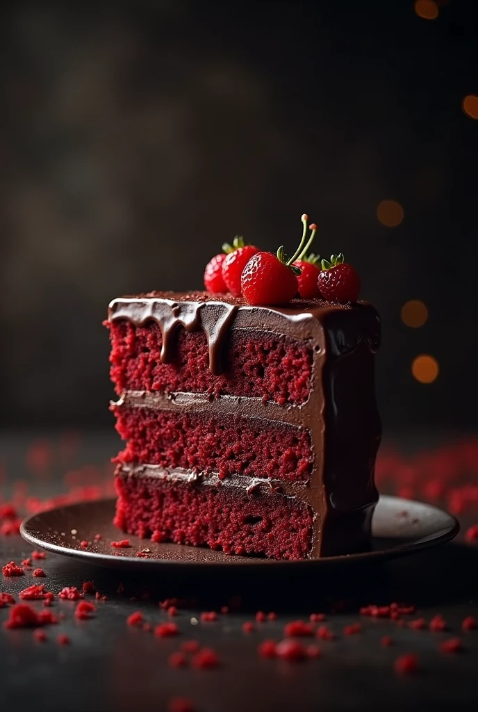 cinematic film still chocolate, red velvet cake, dark background, quality photo, moist texture, frosting, studio photo, slice . shallow depth of field, vignette, highly detailed, high budget, bokeh, cinemascope, moody, epic, gorgeous, film grain, grainy
