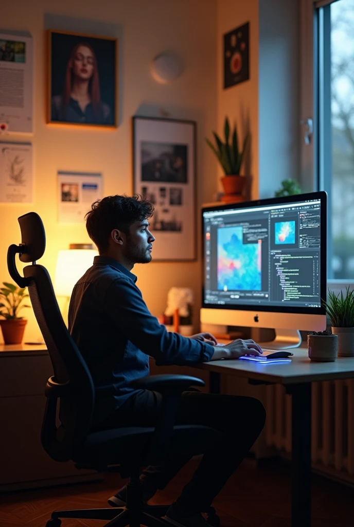 Person sitting on a computer chair as a professional designer and software background 