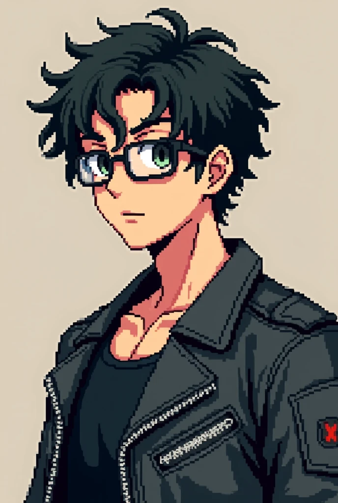 Pixel art man with short curly black hair, wearing glasses and a black tank top with a motocross jacket
