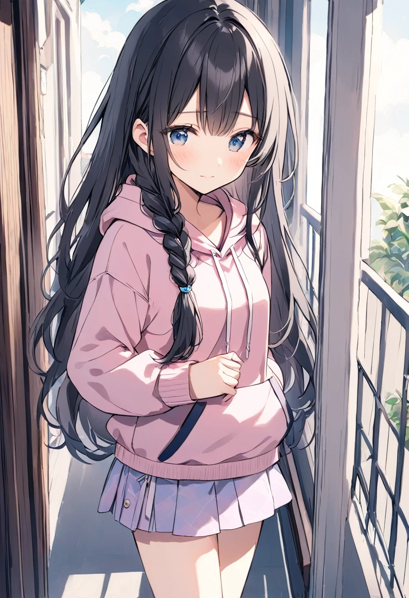 balcony Black Hair Long Hair Braiding ((1 person)) Hooded hoodie with upper body pink Navy blue mini skirt White socks Wearing Sandals Bright sunlight balconyに座る ローアングル A shy cowboy shot, gazing lovingly at the photographer