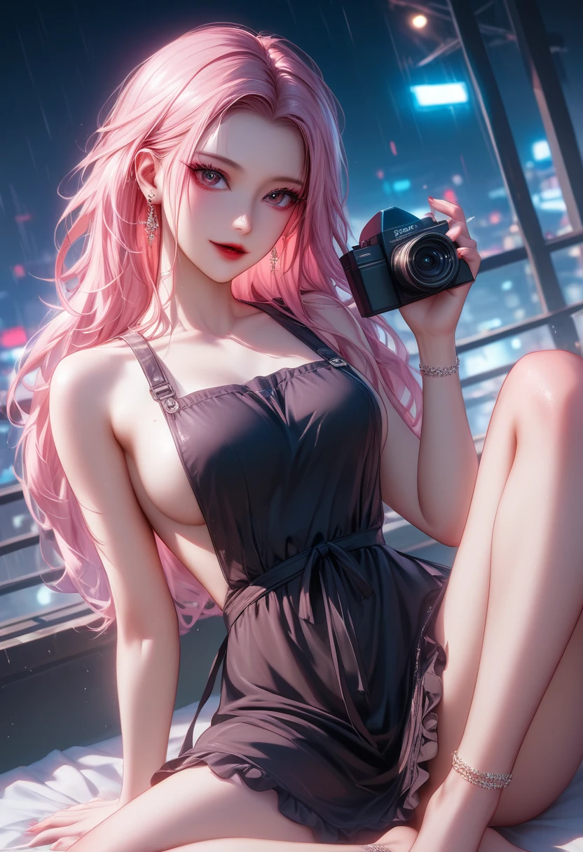 (Frontal focus、Perfect Anatomia:1.5)、(super verbose、16k quality、genuine skin: 1.6)、hyper genuineist、genuine.cinematic lighting、portraite、cyberpunk world、high-detailed face、（2 little girls:1.5）（Cute K-pop idol、ssmile:1.3）medium straight brown hair、pink  hair、blond、eyeliner、Red lips.break、（naked-apron:1.5）（neckleace、Thigh exposure、hands and feet are machines:1.5）（アクロバティックmodel posing:1.6）break、model posing、Raise your hands、(elegant and stylish rooftop late at night）portraite、A drone with a camera is flying
