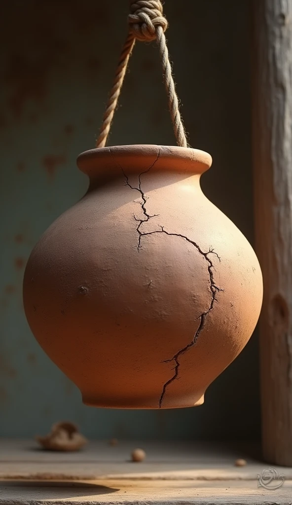 a worn and weathered clay pot with a visible crack running along one side, hanging on a pole and slightly tilted, extremely detailed, high quality, masterpiece, realistic, photorealistic, cinematic lighting, intricate textures, warm color tones