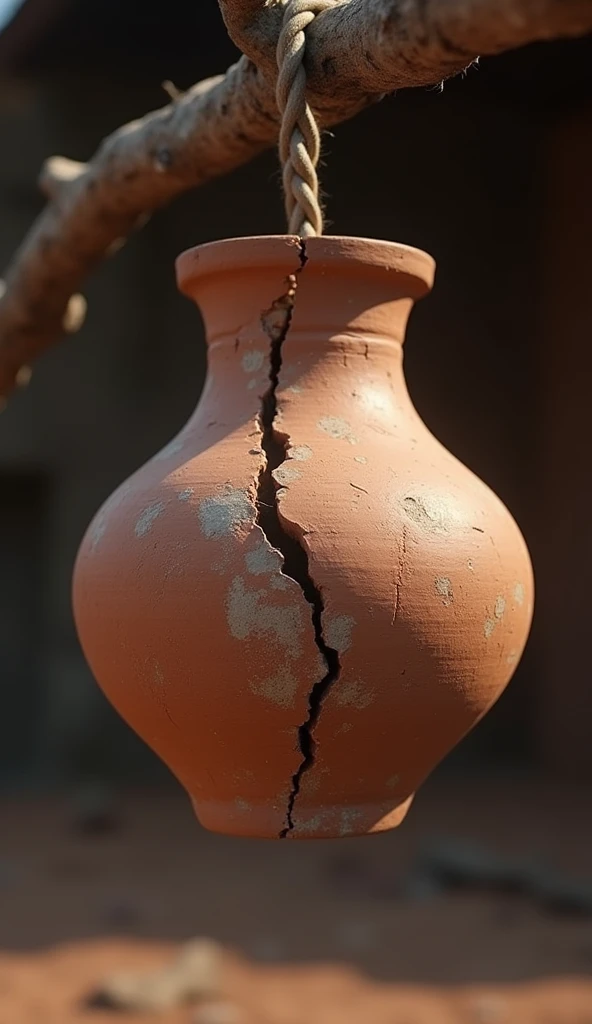 a worn and weathered clay pot with a visible crack running along one side, hanging on a pole and slightly tilted, extremely detailed, high quality, masterpiece, realistic, photorealistic, cinematic lighting, intricate textures, warm color tones