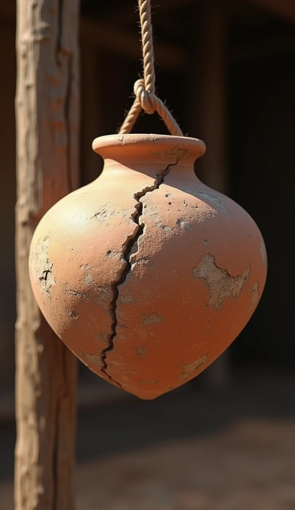 a worn and weathered clay pot with a visible crack running along one side, hanging on a pole and slightly tilted, extremely detailed, high quality, masterpiece, realistic, photorealistic, cinematic lighting, intricate textures, warm color tones