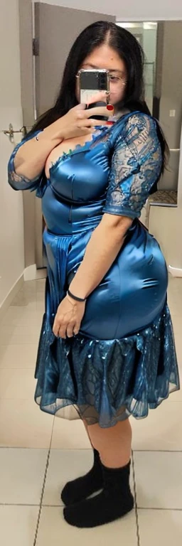 araffe woman taking a selfie in a blue dress in a bathroom, wearing blue dress, long blue dress, blue dress, wearing a blue dress, a blue dress, full covered dress, sky - blue dress, wearing a plastic blue dress, in blue dress, posing!!, belly free teal dress, dressed in blue, laced dress, flattering photo, Big tits, huge , no clothes, sexy, cute, wide hips, thick thighs, pear-shaped body, minimal clothes, thick ass, bbw, chubby stomach, thick nipples, nipple piercings, large areola, hard nipples, piercing through shirt, nipples hard through shirt, thick hips, minimal clothes, work out girl, low cut v neck shirt with cleavage, fat chubby stomach, bikini, fat round stomach, from side