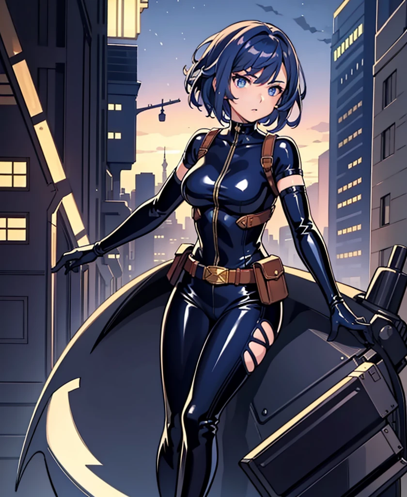 One girl, masterpiece, Lady_Nagant, Super Short Hair, Dark blue fur, blue eyes, Severe, Bodysuits, Portraiture, Mechanical Belt, Night city background, latex,Elbow-length gloves、Knee-high boots