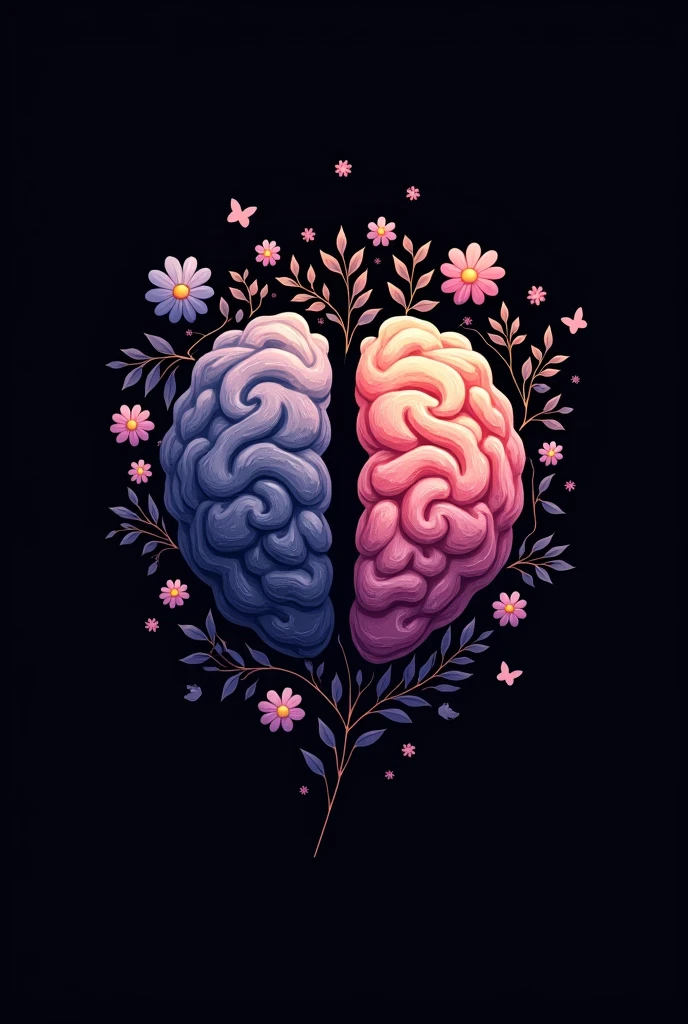 I need a logo for my psychological office, in lilac and gold colors, black background, make it elegant, in the center half brain and half heart, flowers and butterflies coming out of it, more golden and half that is a strong heart