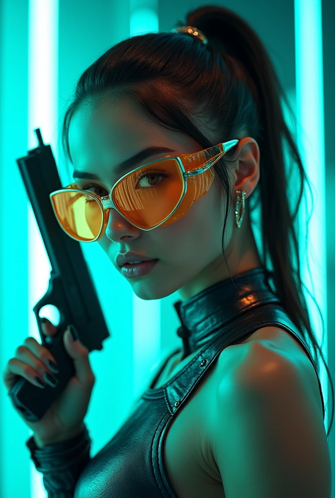 a beautiful young Caucasian woman is wearing metal for the futurist, cyberpunk, futuristic technology, and girls holding weapons in dazzling colors, wearing science fiction glasses, in the style of yuumei, light turquoise and light silver, waist shot, 8k resolution, joong keun lee, tanya shatseva, light arcade neon colours 