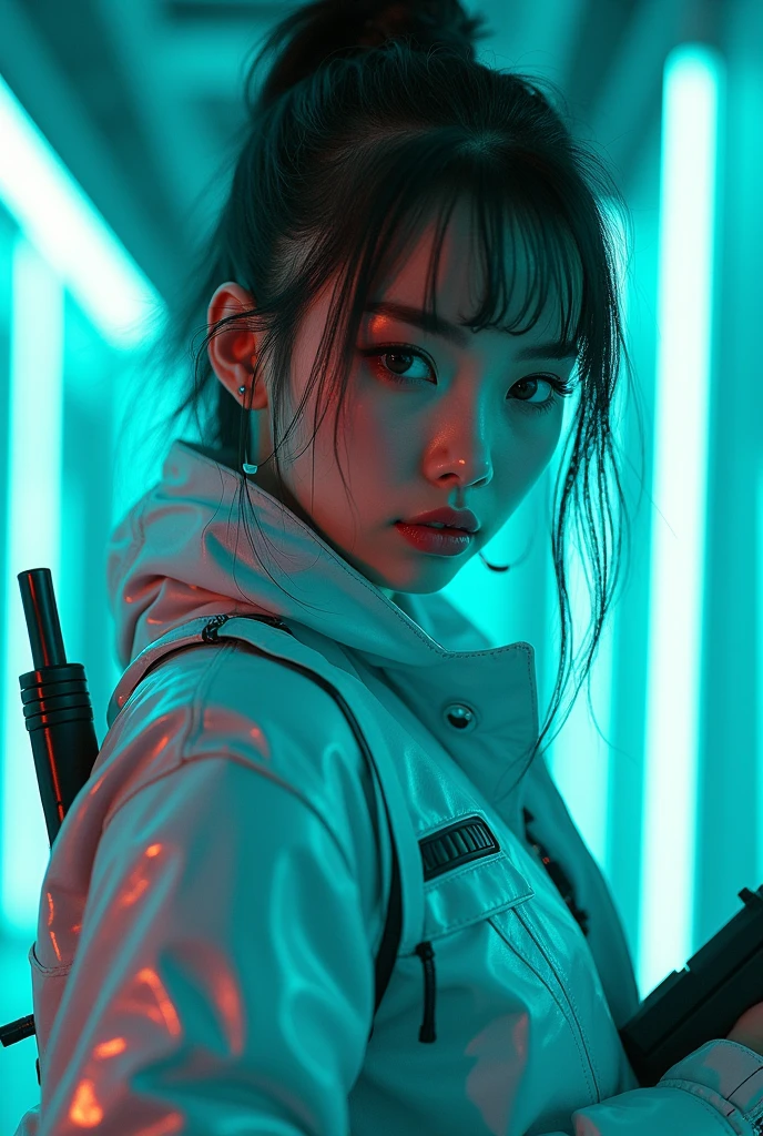 a beautiful young Caucasian woman is wearing metal for the futurist, cyberpunk, futuristic technology, and girls holding weapons in dazzling colors, wearing science fiction glasses, in the style of yuumei, light turquoise and light silver, waist shot, 8k resolution, joong keun lee, tanya shatseva, light arcade neon colours 