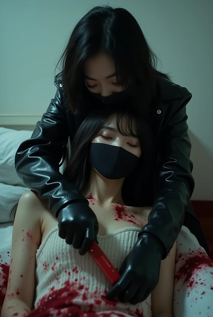 2 korean girls, (behind stiff, leather surgical mask), stabbing, holding knife, black leather gloves, bloody room, black raincoat, girl only, bloody knife, leather gloves, white room, woman on top, bed room, blood splatter, night, mass murderer, killer, blood splatter, bloody room, behind cadaver, close up