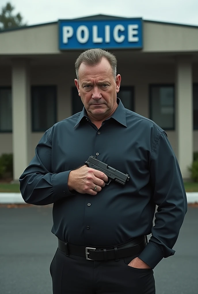 Man with gun and shed in his shirt.backgroound with police station
