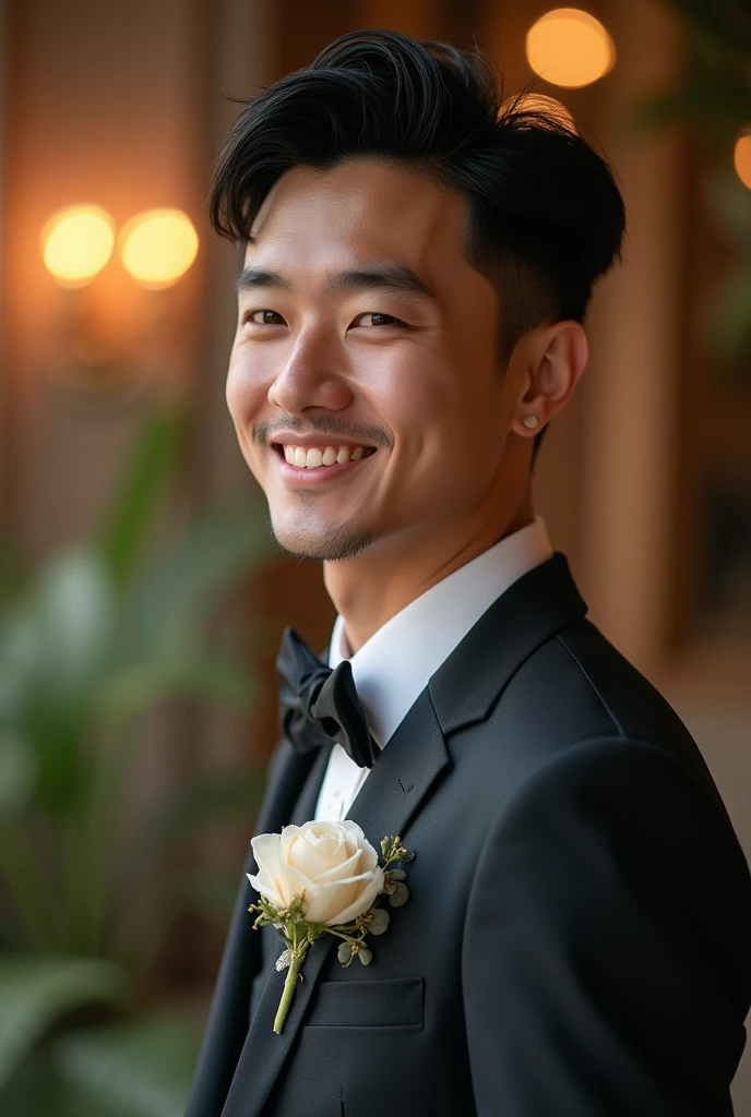 A men with short black hair, wearing suit on his wedding day, looking at someone while smiling 