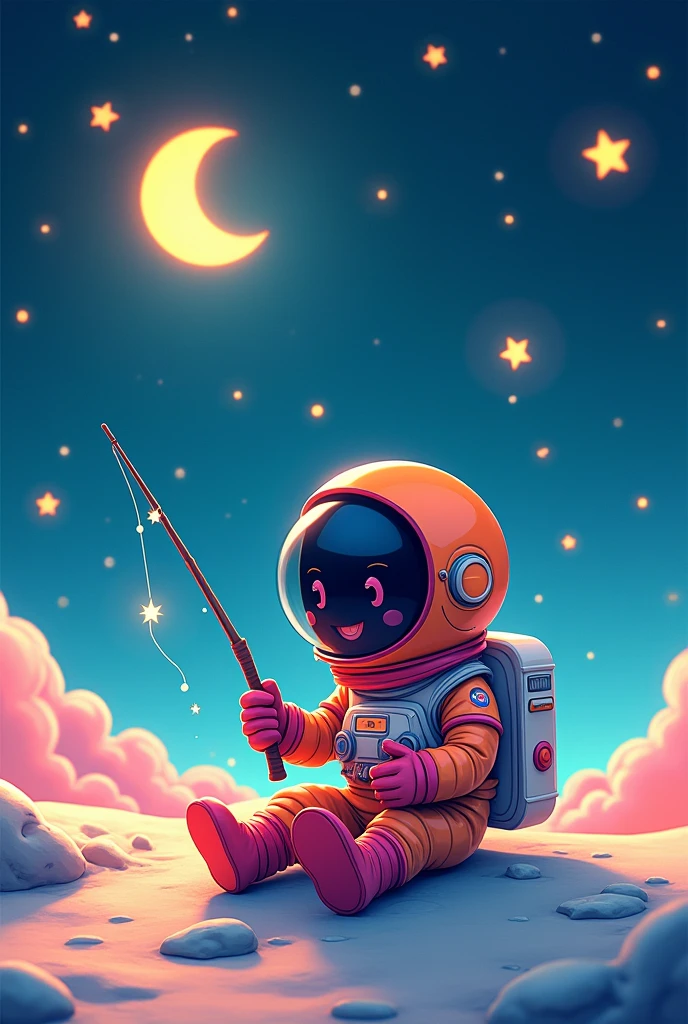 A high quality image of a brightly colored animated astronaut sitting on a moon fishing for stars in the sky , with a sky background