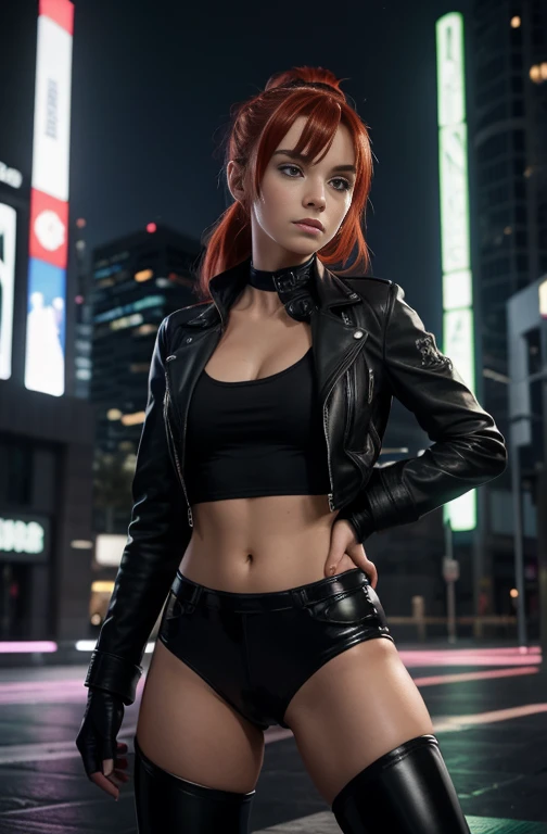 Create an ultra-realistic image of Gwen Tennyson from Ben 10. She is a age girl with long red hair tied in a ponytail, green eyes, and a confident expression. She is wearing a stylish black leather jacket, matching leather pants, and black boots. Gwen is standing in a modern cityscape, with a hint of magical energy glowing around her hands, showcasing her abilities as a skilled magician and martial artist.”
