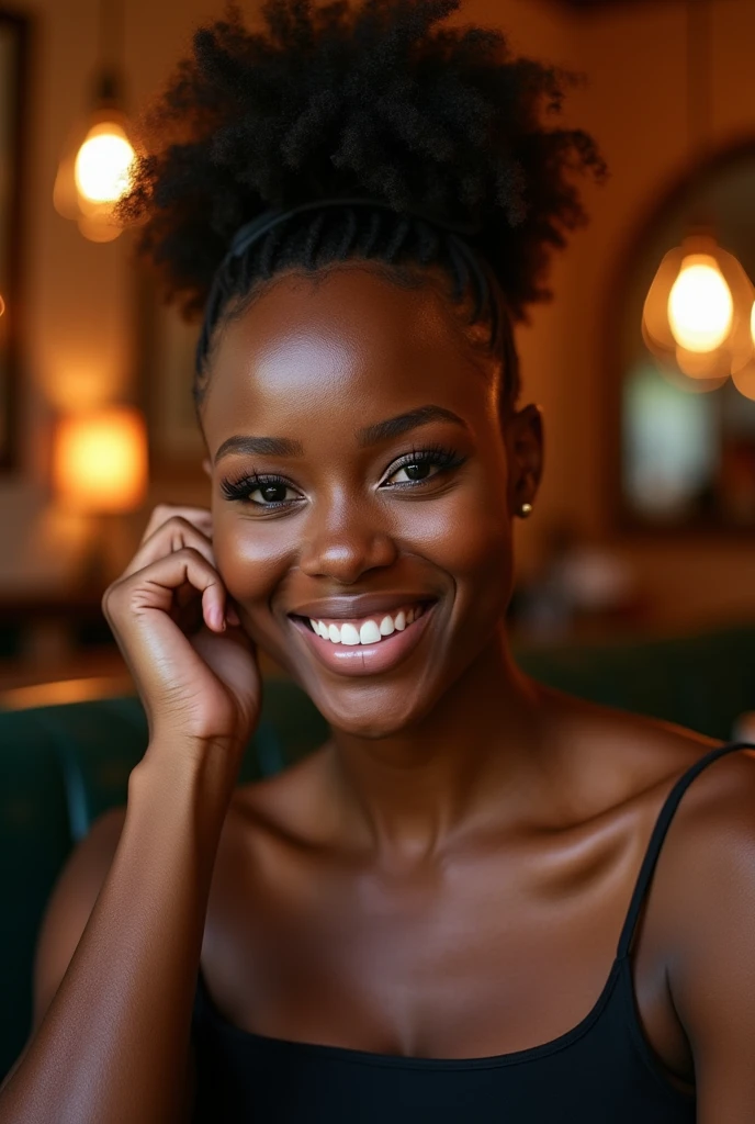 photo of nude black girl portrait, smiling, masterpiece, intricate detail, cinematic lighting, sharp focus, HDR