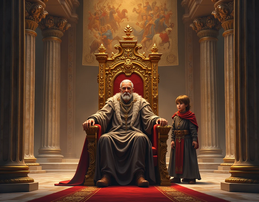 Make me a huge hall of a kingdom, with marble pillars supporting the high ceiling decorated with tapestries depicting ancient battles. On the golden throne, carved with minute details of dragons and lions, was the King, A middle-aged man with a serious expression, but fair. Next to you, his adopted son Skarin, known for his wisdom, watched him with attentive eyes.