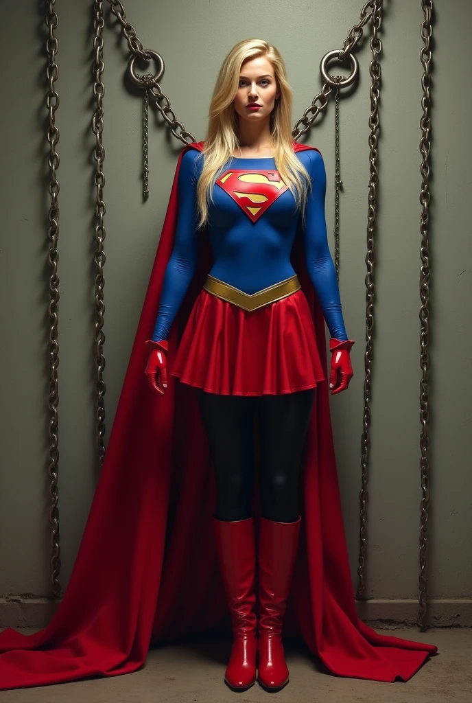 supergirl, full blue body suit, long blonde hair, red elbow gloves, red gauntlets, black tights, red boots, red skirt, gold belt, really long red cape, standing, looking straight,  full image from head and legs, realistic, bdsm, bondage, bound, bondage, Chained, Arms chained above head handcuffed to ring on the wall, wall mounted chained chain, legs chain bound