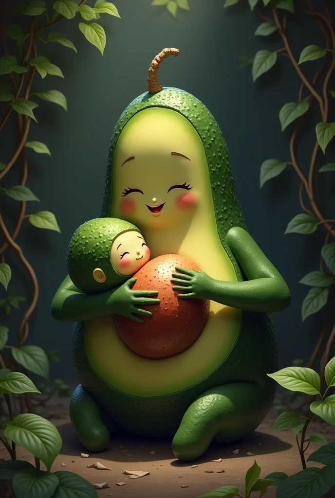 An avocado personified in a human, a mother and a smaller newborn