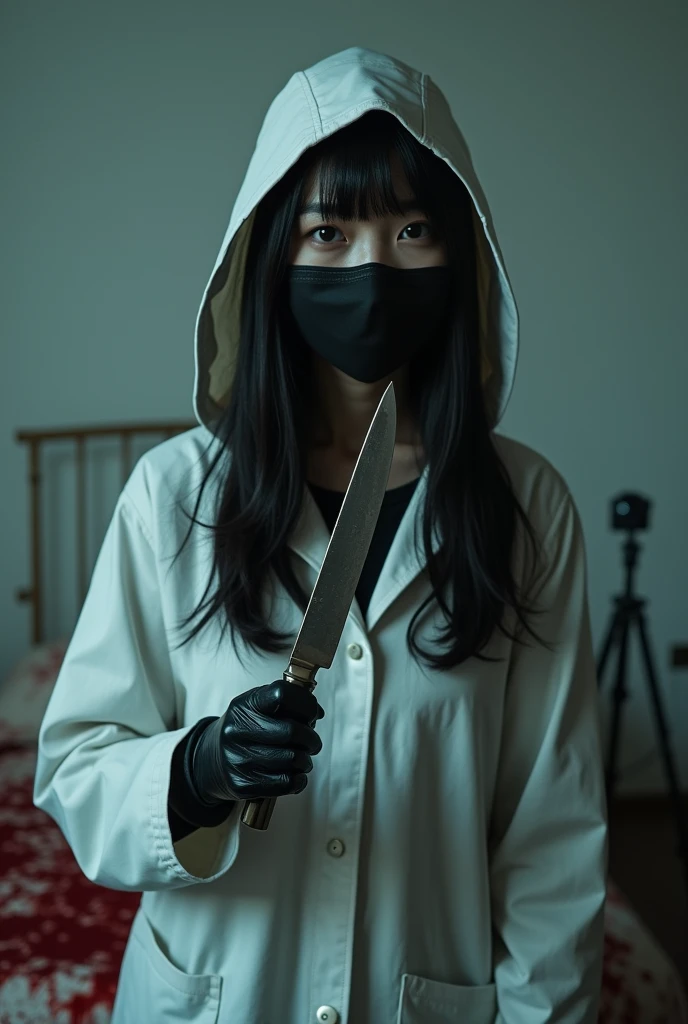 korean girl, (behind stiff, holding knife), black surgical mask, black leather gloves, bloody room, white raincoat, hood up, holding knife, leather gloves, woman on top, behind cadaver, blood splatter, bed room, night, mass murderer, killer, long bangs, blood splatter, atmospheric realistic, white room, close-up, tripod and camera in the back, shooting with camera
