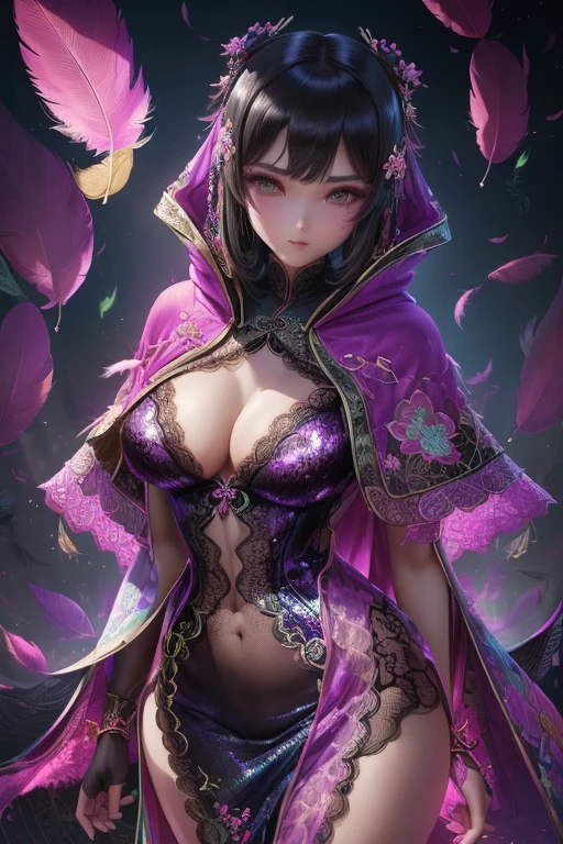 during night、body complet、(((Wearing fluorescent fabric:harem outfit、Suzhou embroidery technology:Lace sequin cloak woven from feathers)))、jewlery、Masterpiece、best quality、Official Art、Highly detailed 3DCG Unity 8k、(##tattoo##、The tattoo、~+The tattoo)、(Perfect female curves、huge-breast)、(a captivating gaze)、toward to the camera、Pink lips、Delicate fingers and hands、Magic Hour、Rembrandt Lighting、Front lighting、Fill Lighting、 hard shadows、Arnold Renders、