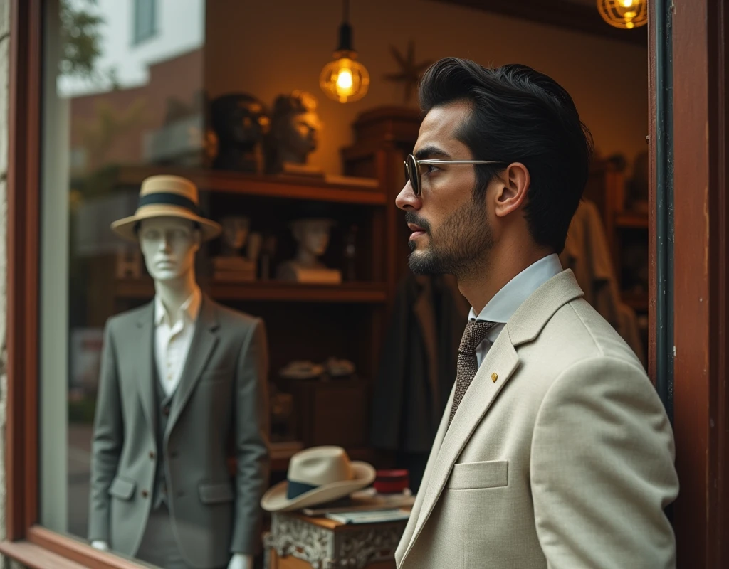 Vintage young Latino Italian man looking at the wide glass rustic male facade of a vintage men's thrift store fashion store with a male mannequin hats retro glass elegant retro minimalist style lampshade summer