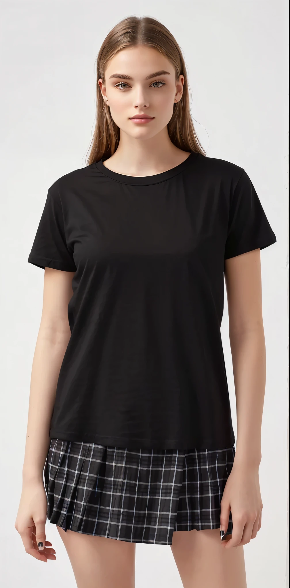 a woman wearing a black t - shirt and plaid skirt, wearing black tshirt, wearing a black tshirt, wearing a black t-shirt, black t shirt, black t - shirt, black t-shirt, black shirt, wearing a black shirt, wearing a t-shirt, wearing a black!! t - shirt, black top, he is wearing a black t-shirt