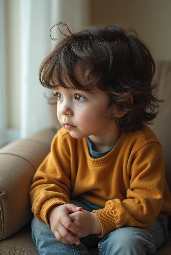 character: A boy or girl sitting in a corner or on a chair, with a neutral or relaxed expression. The character is in a reflective posture, with hands on knees or in lap. Image for  