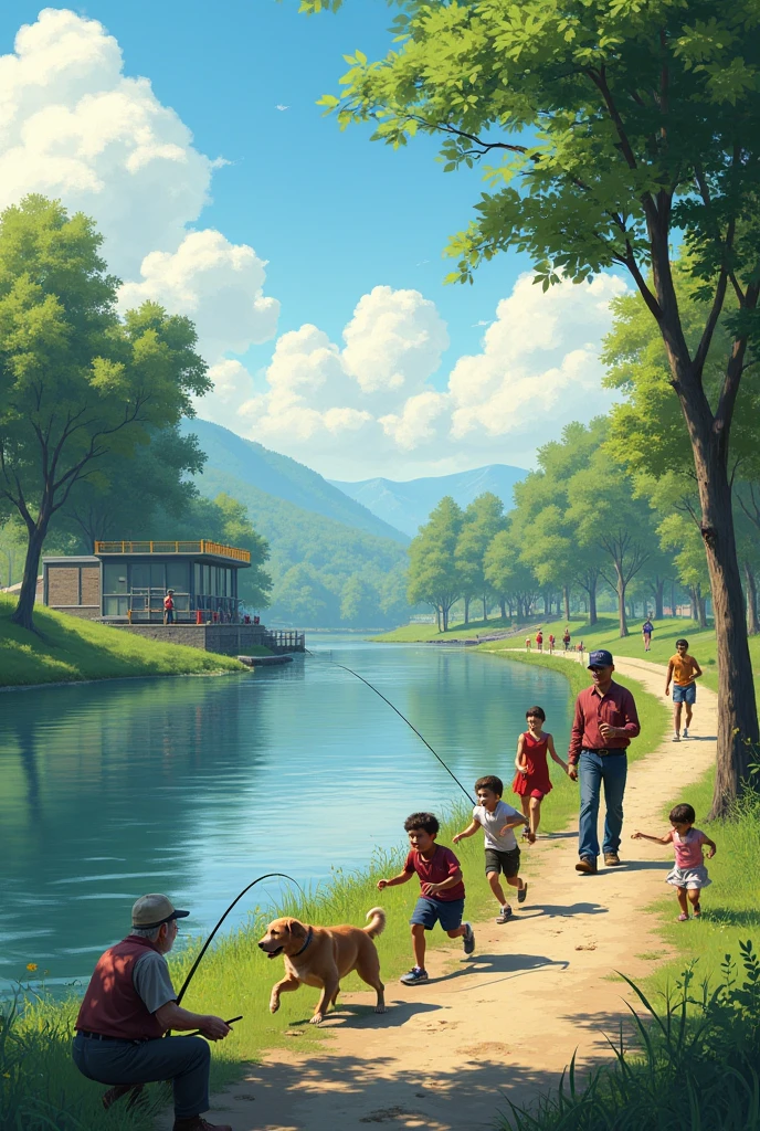 The old man is fishing in the river. 
2. Children play on the river bank. 
3. The dog runs and plays with the children. 
4. The plane flies high in the sky. 
5. The couple walks hand in hand and enjoys the scenery. 
6. The sun shines and warms everyone. 
7. The river flows smoothly. 
8. The wind blows gently and moves the leaves of the trees. 
9. The branches of the trees sway in the wind. 10. Construction workers are building a new house on the hill. 
11. The athlete runs along a path near the river. 12. The policeman is watching.