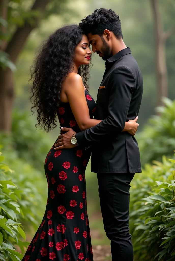 A beautiful sri lankan lady with curly long voluminous hair, fair golden and clear skin, has hourglass body shape , wearing a beautiful flower bodyconn dress, happy, standing in a beautiful nature can clearly see hourglass bodybshape, eye catching beauty..i need the full body picture..and not that much slim .she should have a  medium size body.dress should be black and with small rose flowers .it should be long body conn dress which should length upto ankle..f,owers should be reallu small and red..she should be with a really handsome tall man .she is not pregnant