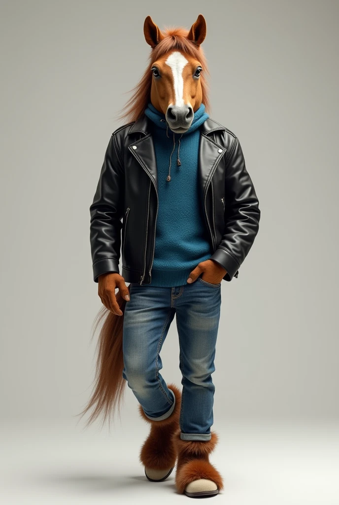 A human horse dressed in a blue sweater, a black leather jacket and blue jeans. The horse has brown fur. He is seen in his full body and is only supported on one foot, the other is crossed by his knee.. The plane is frontal.