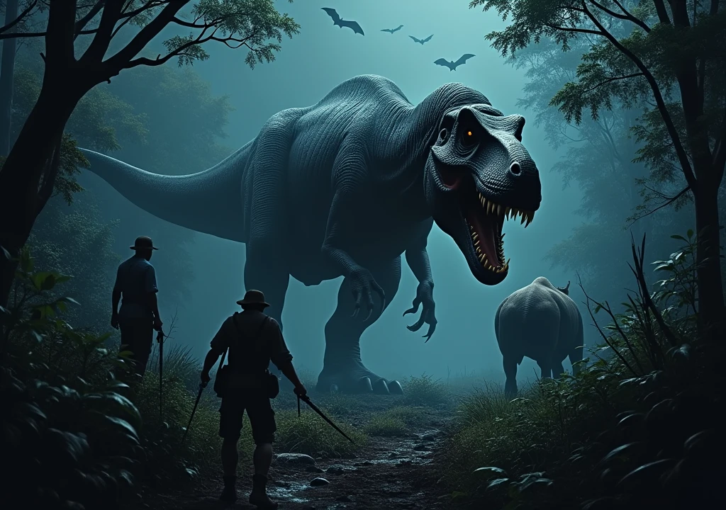 frightful Tiranossauro Rex na floresta africana de noite perseguindo um rinoceronte. Two hunters looking scared. Bats flying. Terror. frightful. fear.