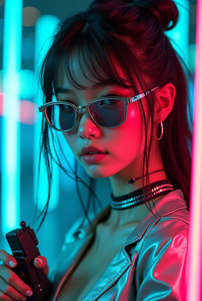 a beautiful young American woman is wearing metal for the futurist, cyberpunk, futuristic technology, and girls holding weapons in dazzling colors, wearing science fiction glasses, in the style of yuumei, light turquoise and light silver, waist shot, 8k resolution, joong keun lee, tanya shatseva, light arcade neon colours