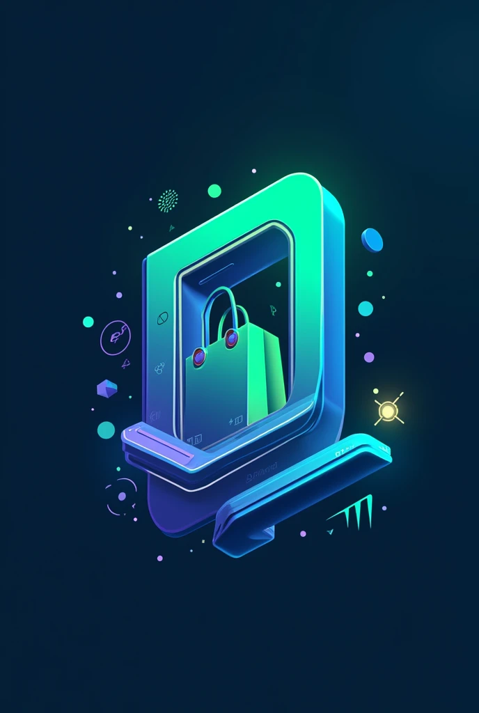 Create a futuristic logo for an electronics store called 'Duarte Store'. The logo should include elements such as a cell phone and a shopping bag. Use bold colors such as blue and green, but feel free to add other vibrant colors. The design should convey a modern, technological style, with shapes and lines that reflect innovation and sophistication."