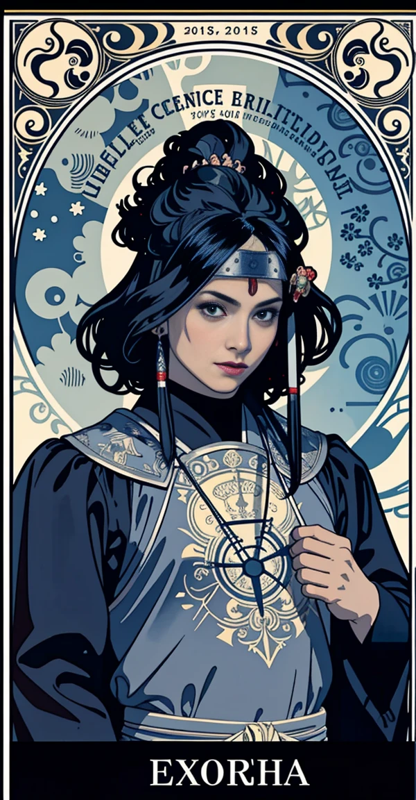 masterpiece, Highest quality, Adult, Tarot, Bard, Court Jester, Symbolism, Visual Arts, occult, universal, Vision Casting, philosophy, Iconography, Fortune telling by numbers, Popularity, art, Alphonse Mucha,samurai,warrior,kimono
