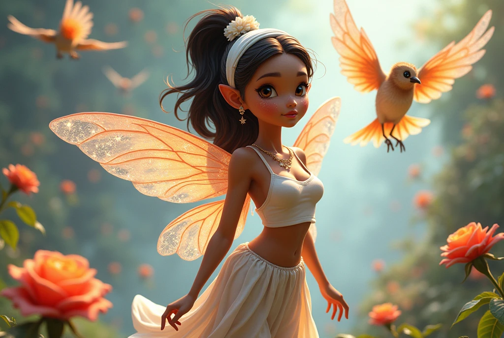 Pretty brown skin fairy, with her bird, wearing beautiful fashionable casual clothes, white headband, sparkling make up, beautiful sparkling earrings, 🌹, sparkling jewelries, sparkling pictures, fantasy, real cartoon 3D, surrounded by beautiful birds