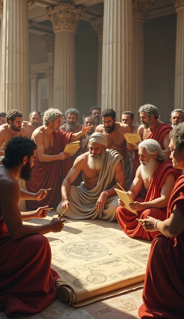 (photorealism:1.2), Groups of diverse ancient Greek scholars engaged in animated discussions, writing on scrolls, and pointing at diagrams. They represent various disciplines like philosophy, mathematics, and science.