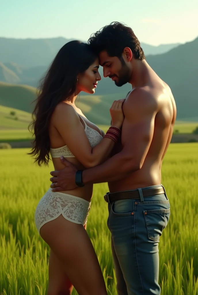 Indian bhabhi in bra and panty with husband in feild